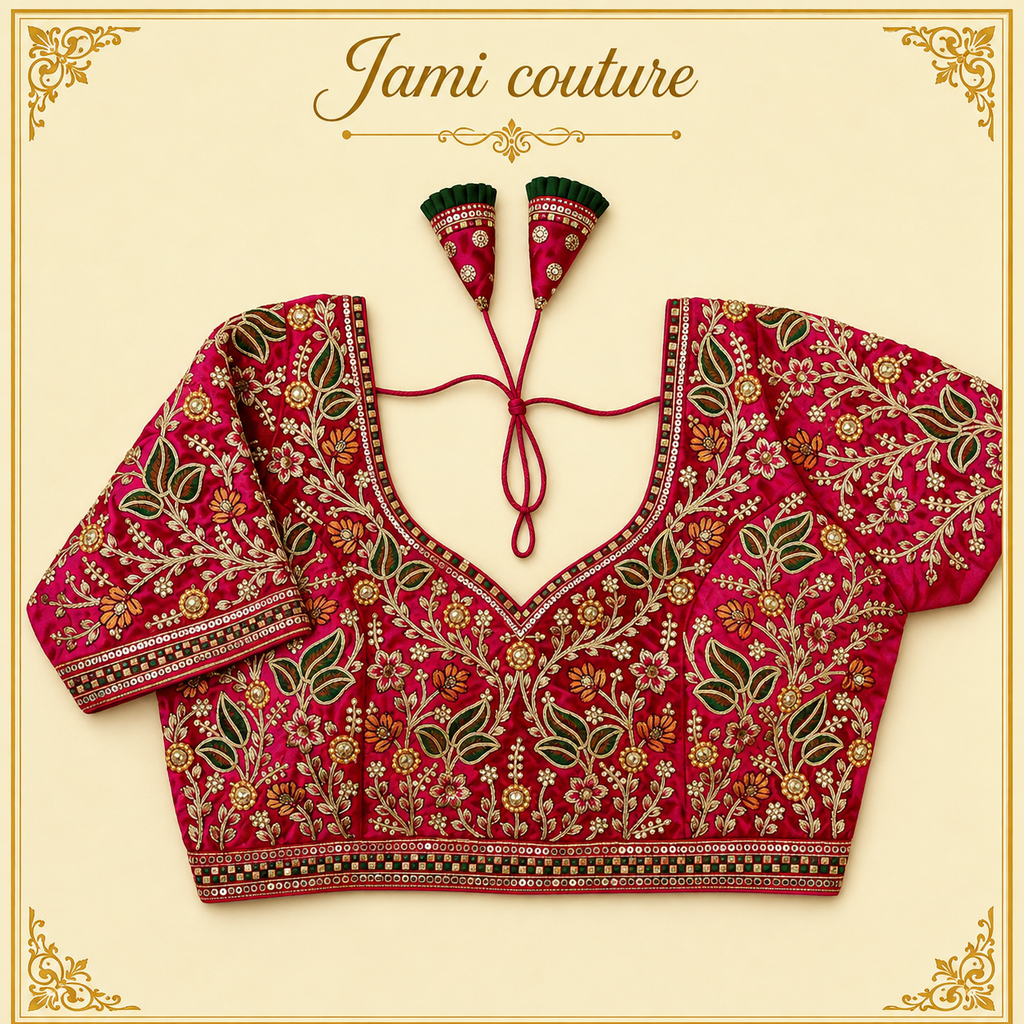 Rani pink velvet designer blouse with floral handwork embroidery