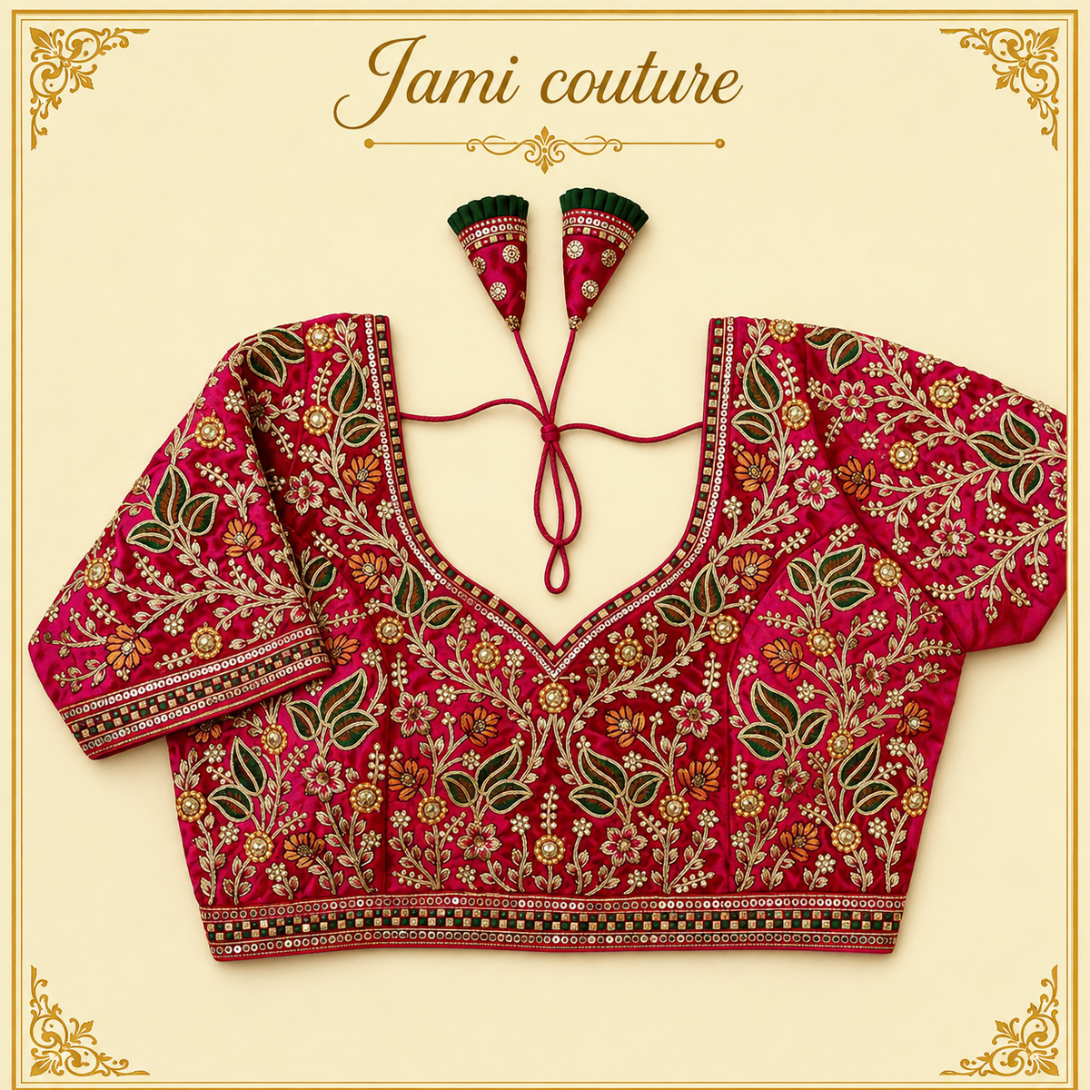 Rani pink velvet designer blouse with floral handwork embroidery