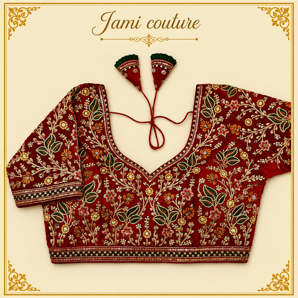 Maroon velvet designer blouse with floral handwork embroidery