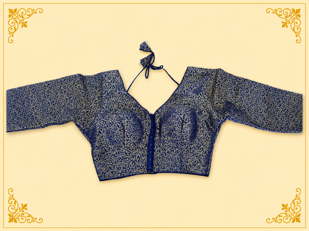 Blue Mina jari silk readymade blouse with long sleeves and gold weave, laid flat, front view