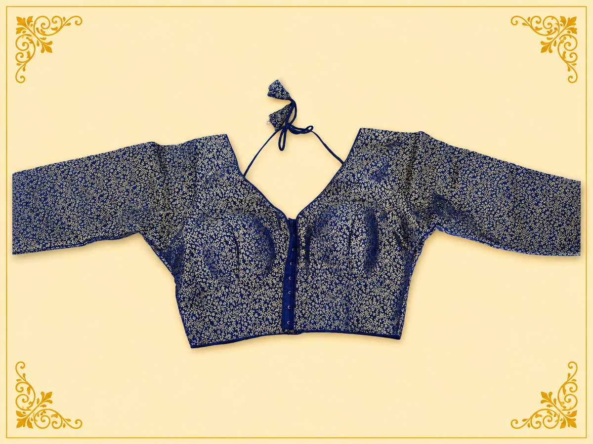 Blue Mina jari silk readymade blouse with long sleeves and gold weave, laid flat, front view