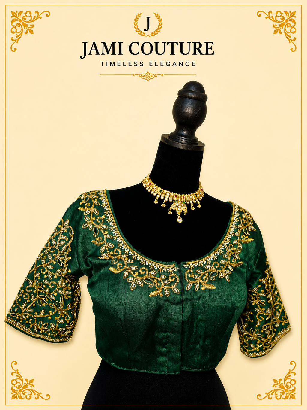 Green readymade silk blouse with gold embroidery on a mannequin, front view