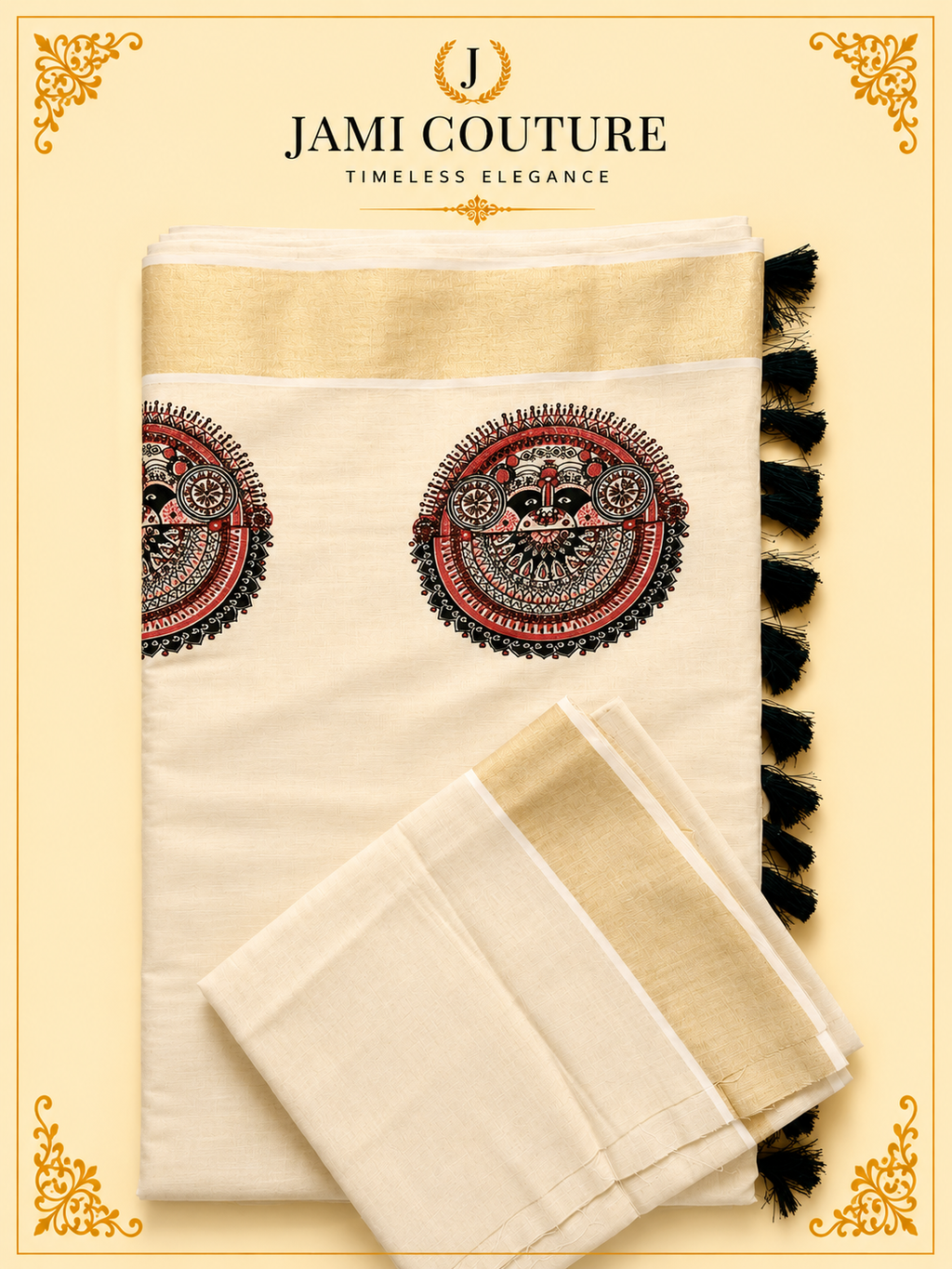 Cream & Gold Kerala Tissue Silk Saree with Kathakali Motifs & Zari Border | Premium Traditional Saree