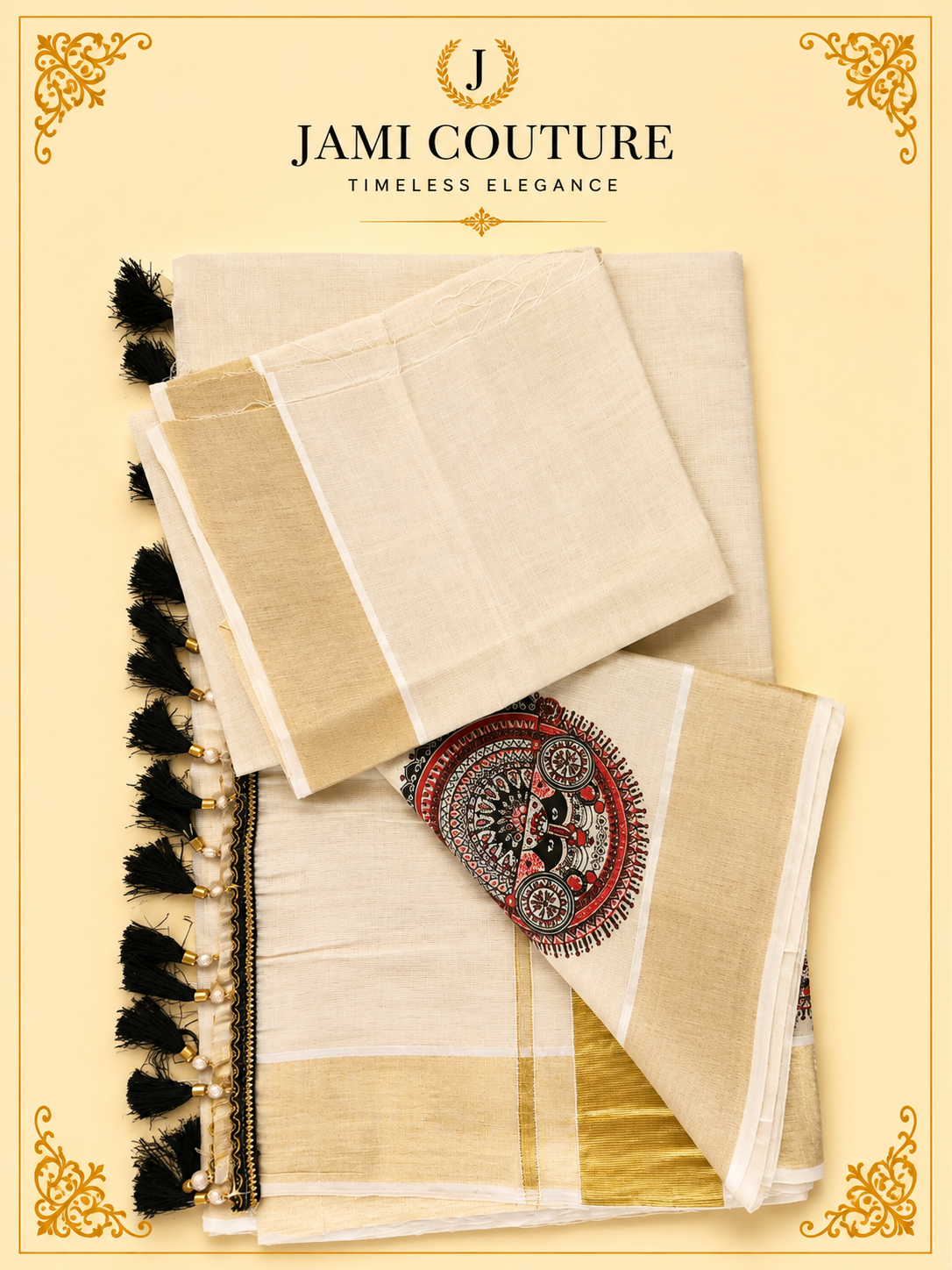 Cream & Gold Kerala Tissue Silk Saree with Kathakali Motifs & Zari Border | Premium Traditional Saree