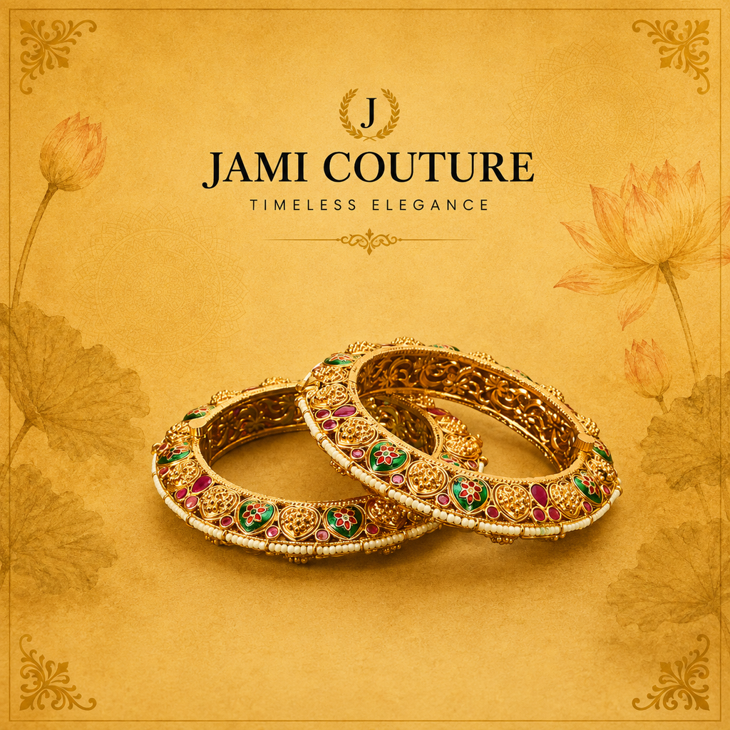 Antique Gold Openable Bangles with Ruby, Emerald & Pearl Detailing | Traditional Temple Jewelry (Set of 2)