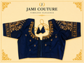 Navy Blue Heavy Roman Silk Readymade Blouse with Maggam Bead Embroidery | Ready-to-Wear Bridal Saree Blouse