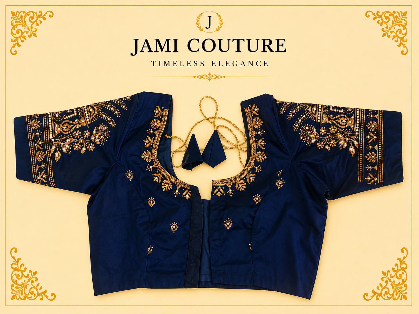 Navy Blue Heavy Roman Silk Readymade Blouse with Maggam Bead Embroidery | Ready-to-Wear Bridal Saree Blouse