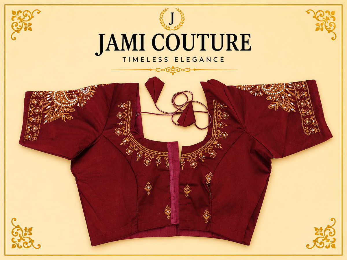 Maroon version of the heavy Roman silk readymade blouse with gold embroidery
