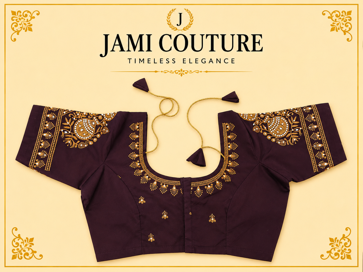Deep wine version of the heavy Roman silk readymade blouse with gold embroidery