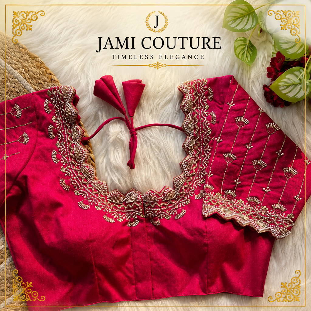 Rani Pink Heavy Roman Silk Readymade Blouse with Maggam Bead Embroidery | Ready-to-Wear Bridal Saree Blouse