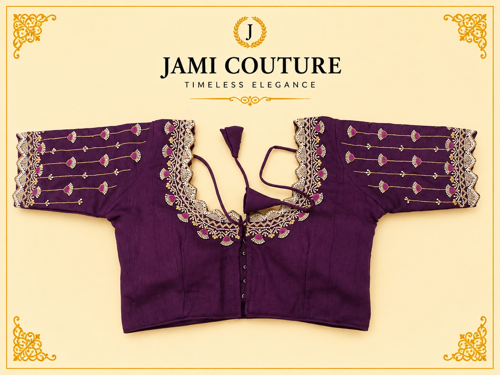 Purple version of the heavy Roman silk readymade blouse with gold embroidery