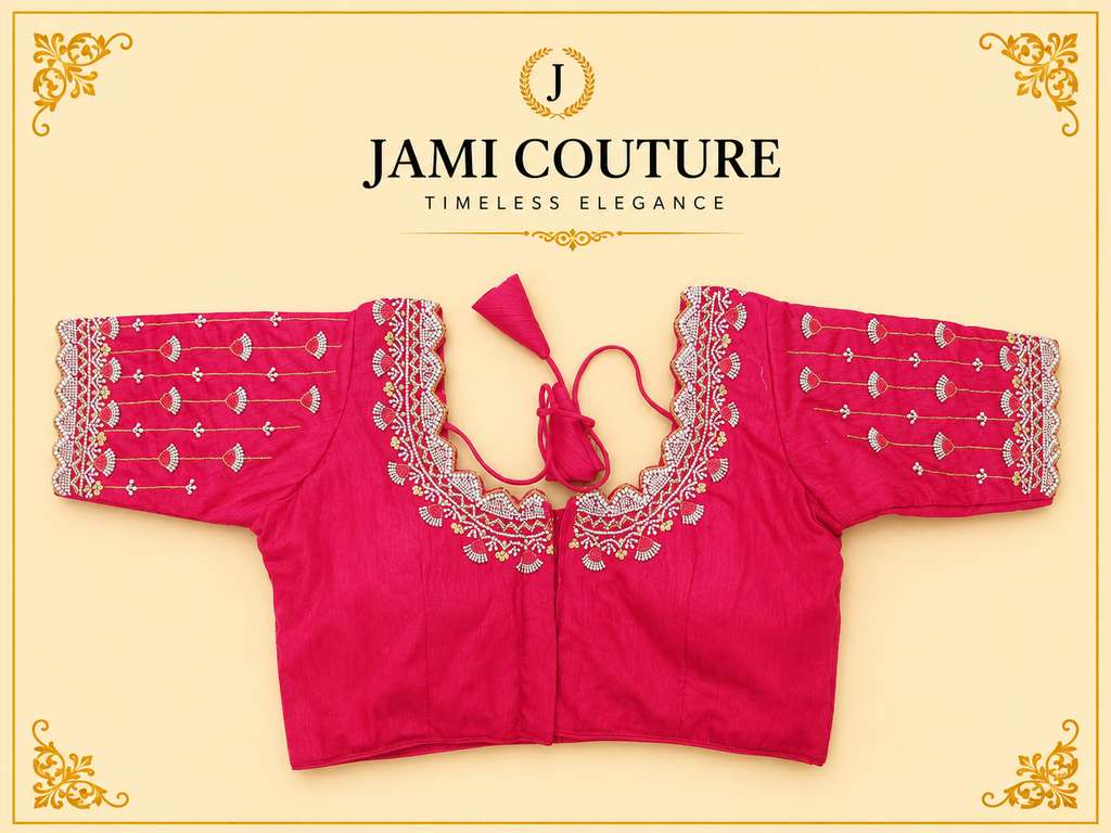 Rani Pink Heavy Roman Silk Readymade Blouse with Maggam Bead Embroidery | Ready-to-Wear Bridal Saree Blouse