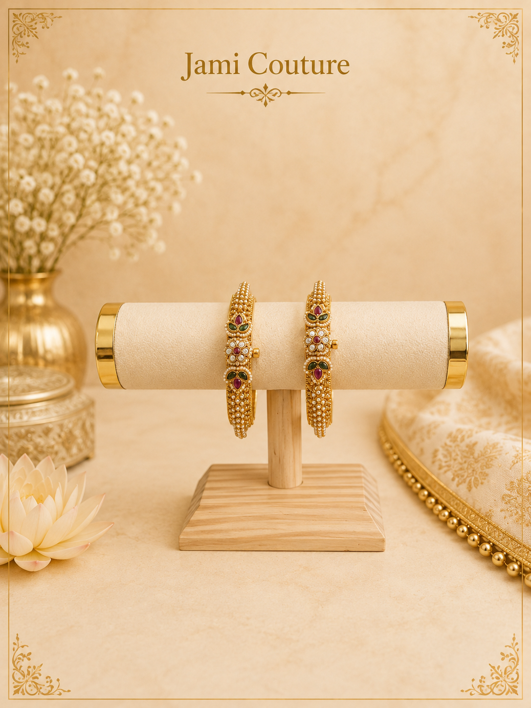 Antique gold pearl openable bangles displayed on a bangle bar beside a gold vase