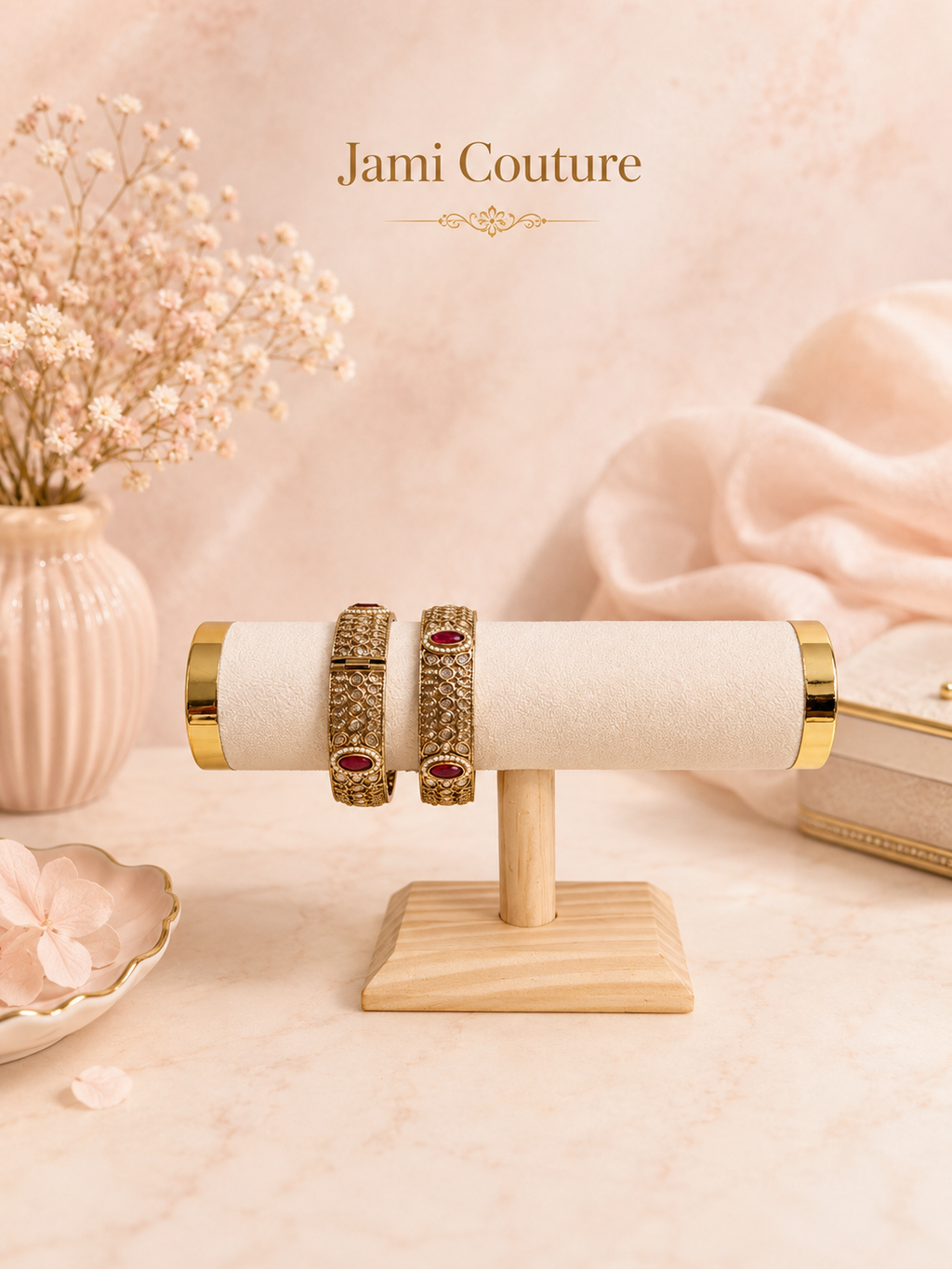 Antique Gold Kundan Openable Bangles with Ruby Accents | Traditional Temple Jewelry (Set of 2)