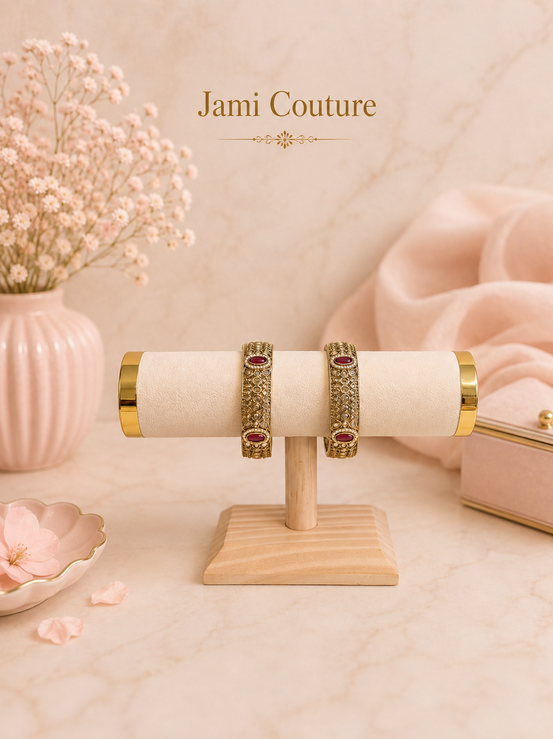 Antique Gold Kundan Openable Bangles with Ruby Accents | Traditional Temple Jewelry (Set of 2)