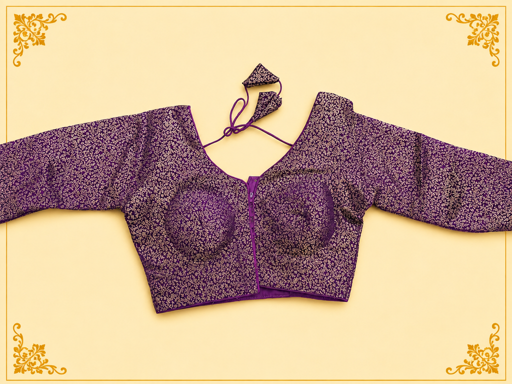 Purple & Gold Mina Jari Silk Readymade Blouse with Long Sleeves | Ready-to-Wear Saree Blouse