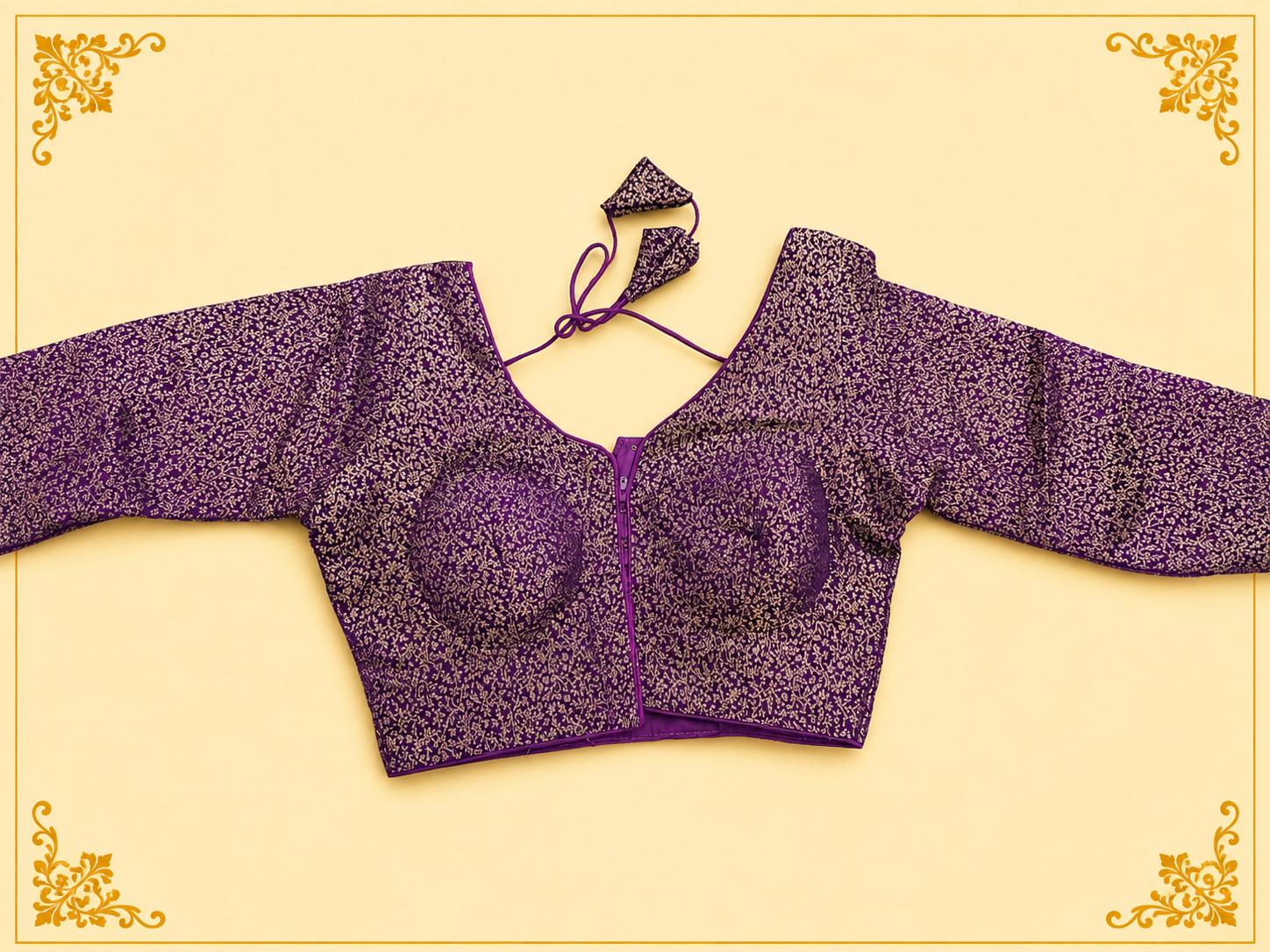 Purple & Gold Mina Jari Silk Readymade Blouse with Long Sleeves | Ready-to-Wear Saree Blouse