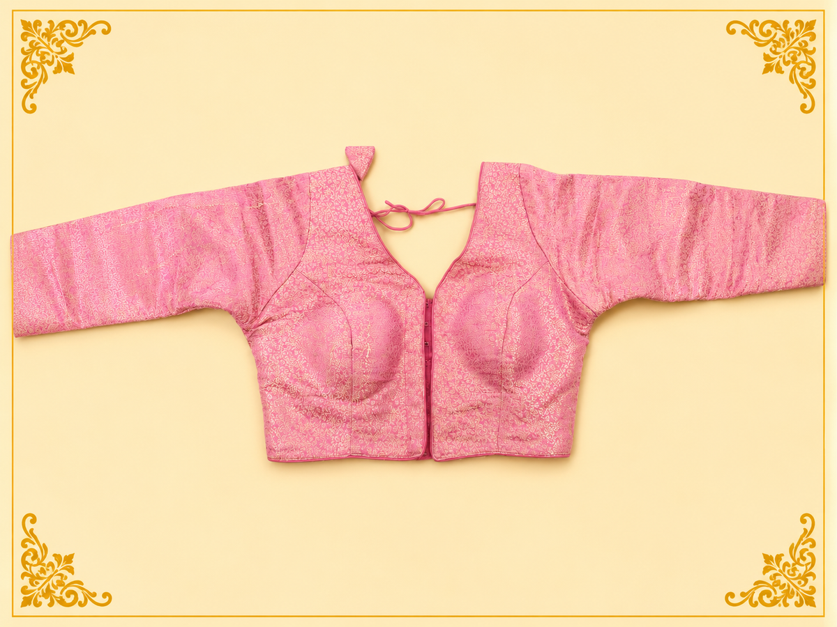 Peach Mina jari silk readymade blouse with long sleeves, laid flat, front view