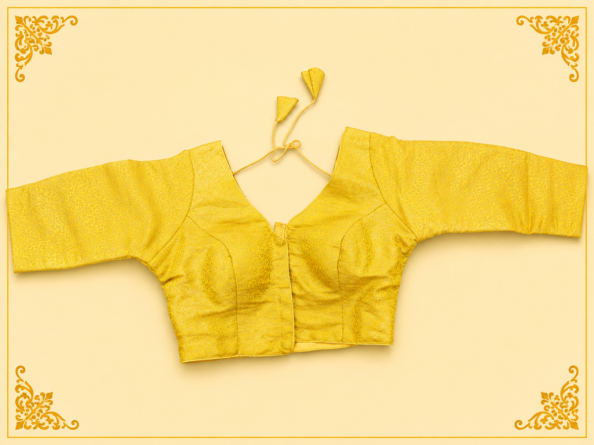 Yellow Mina jari silk readymade blouse with long sleeves, laid flat, front view