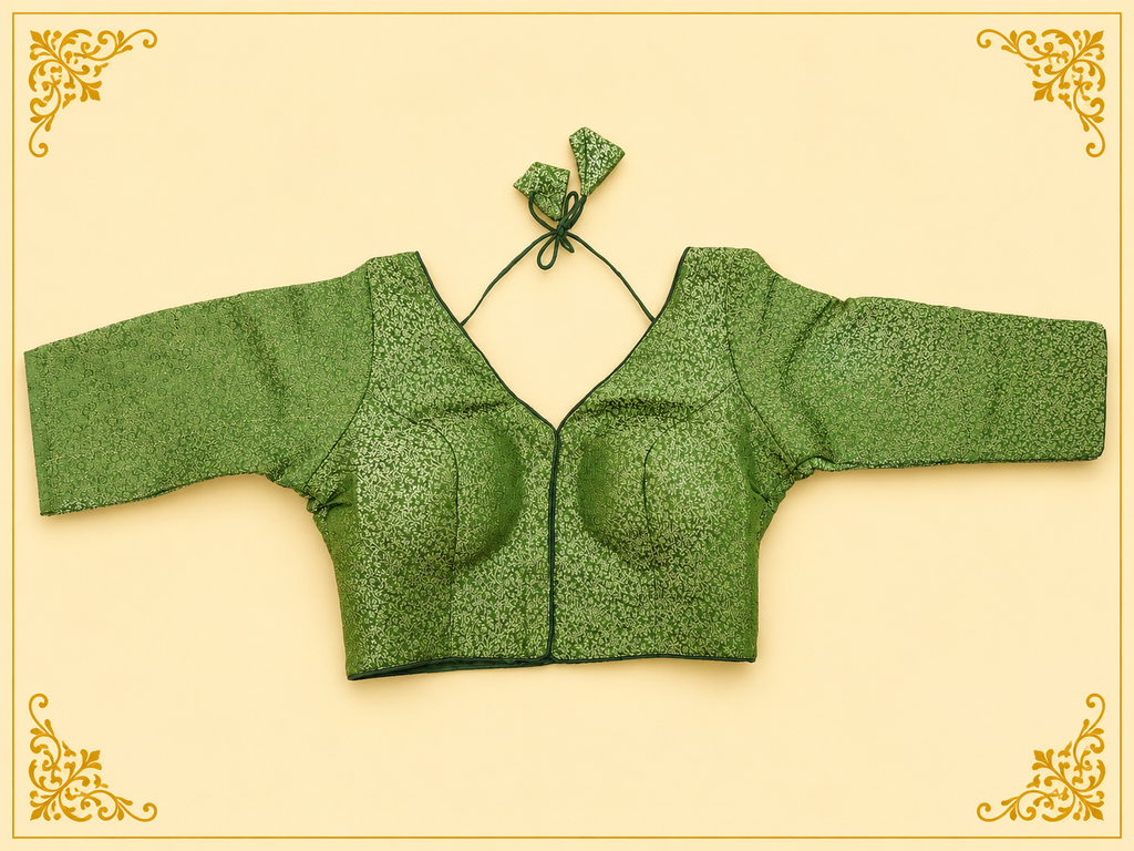 Mehndi green Mina jari silk readymade blouse with long sleeves, laid flat, front view