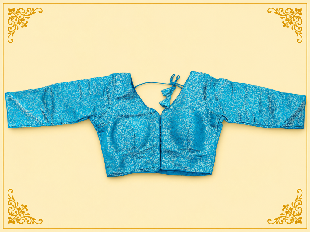 Rama blue Mina jari silk readymade blouse with long sleeves, laid flat, front view