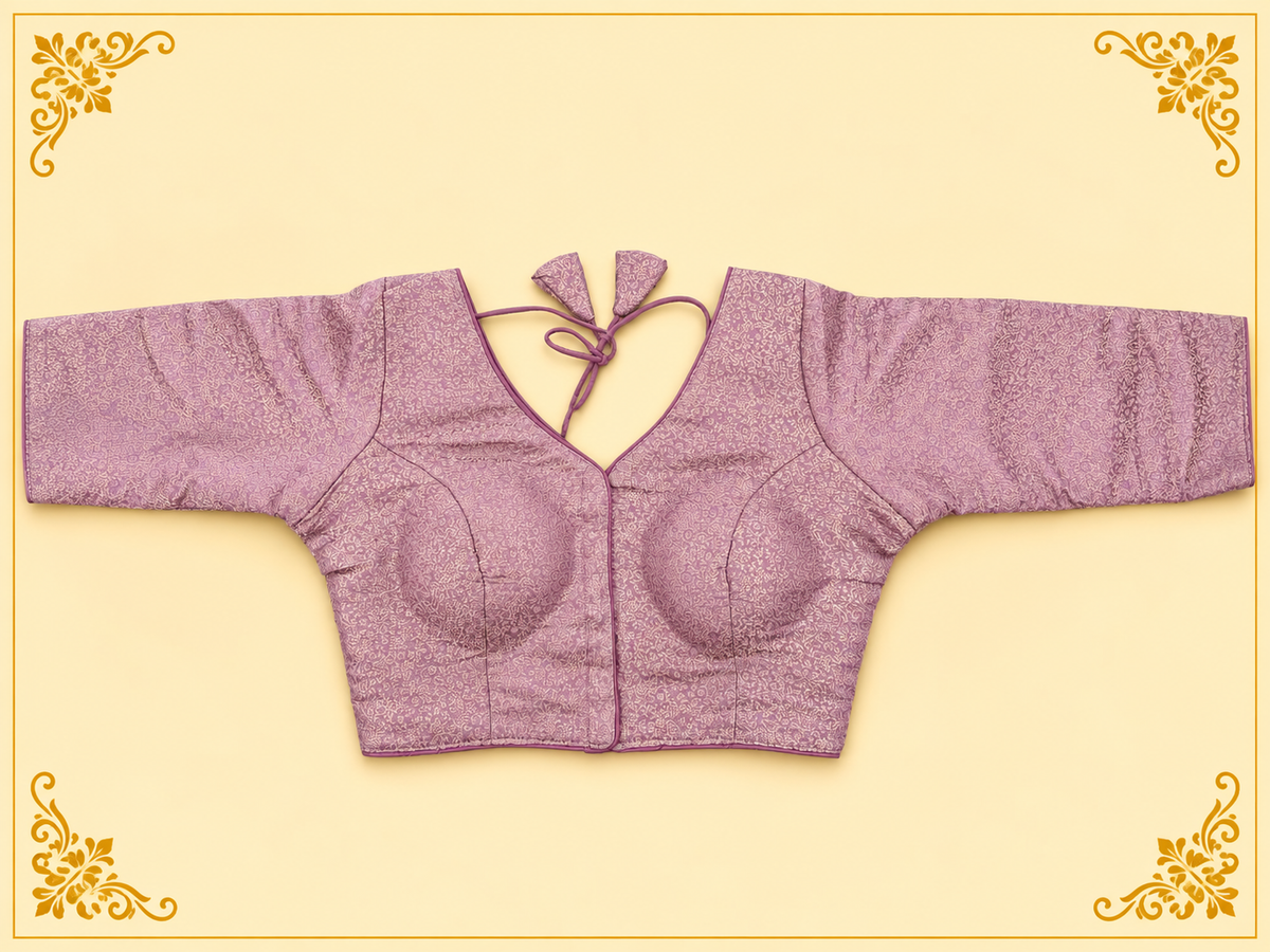 Onion pink Mina jari silk readymade blouse with long sleeves, laid flat, front view