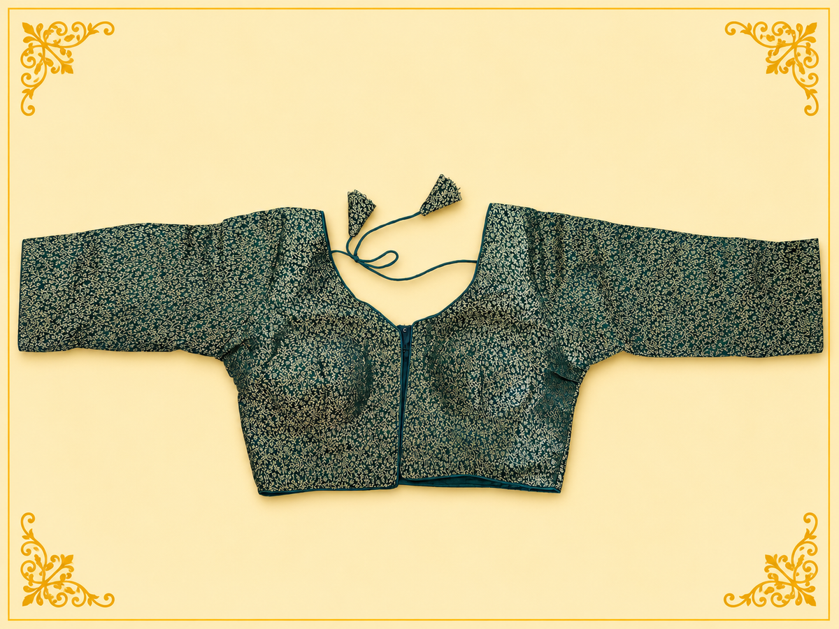 Green Mina jari silk readymade blouse with long sleeves, laid flat, front view