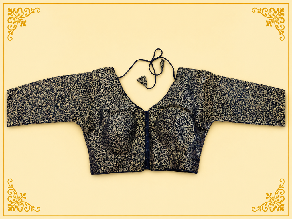 Black Mina jari silk readymade blouse with long sleeves and gold weave, laid flat, front view