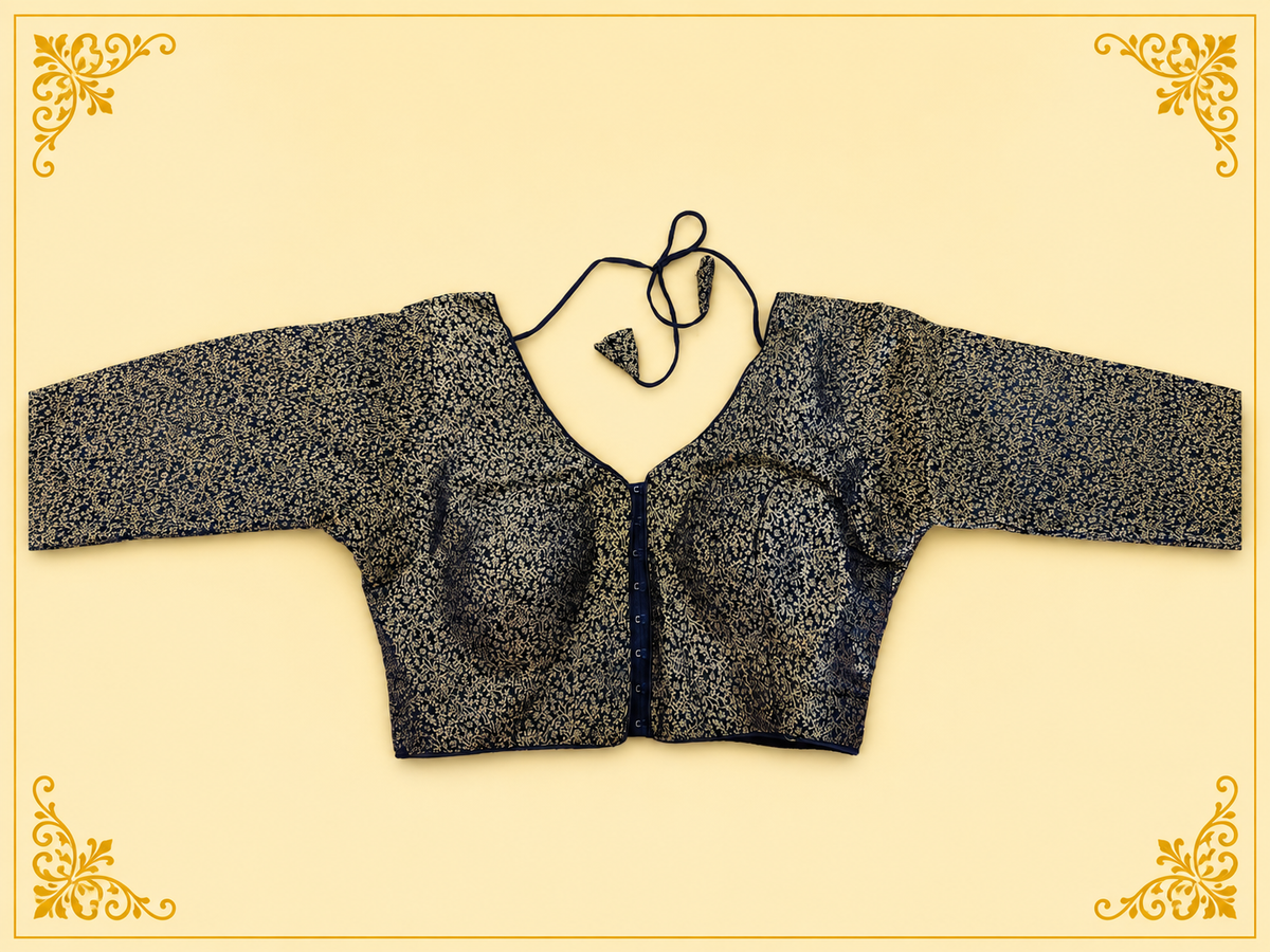 Black Mina jari silk readymade blouse with long sleeves and gold weave, laid flat, front view
