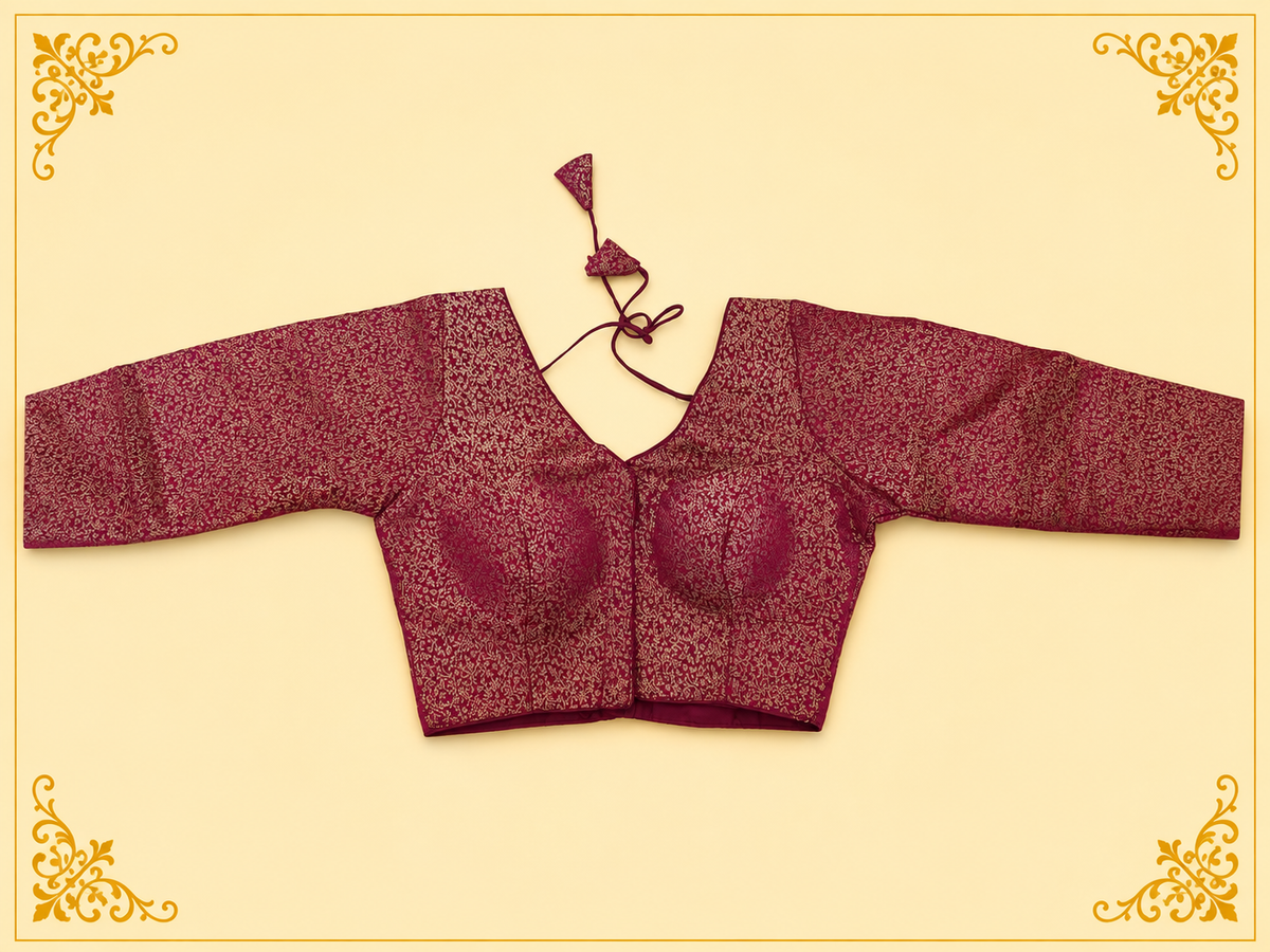 Wine Mina jari silk readymade blouse with long sleeves, laid flat, front view