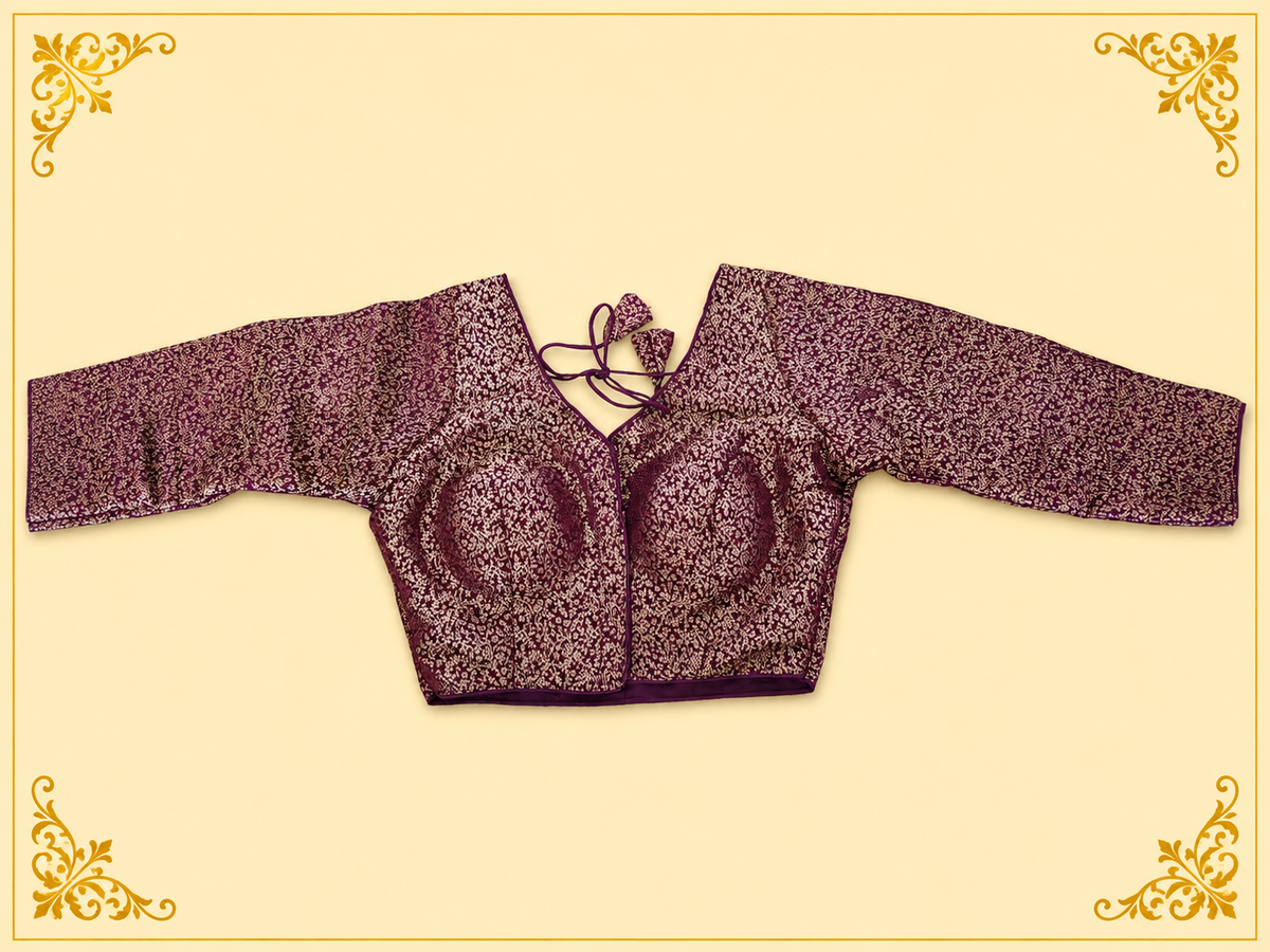 Maroon Mina jari silk readymade blouse with long sleeves, laid flat, front view