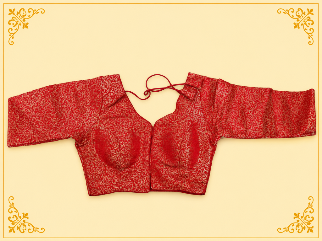 Red Mina jari silk readymade blouse with long sleeves, laid flat, front view