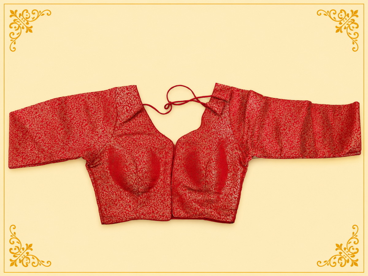 Red Mina jari silk readymade blouse with long sleeves, laid flat, front view
