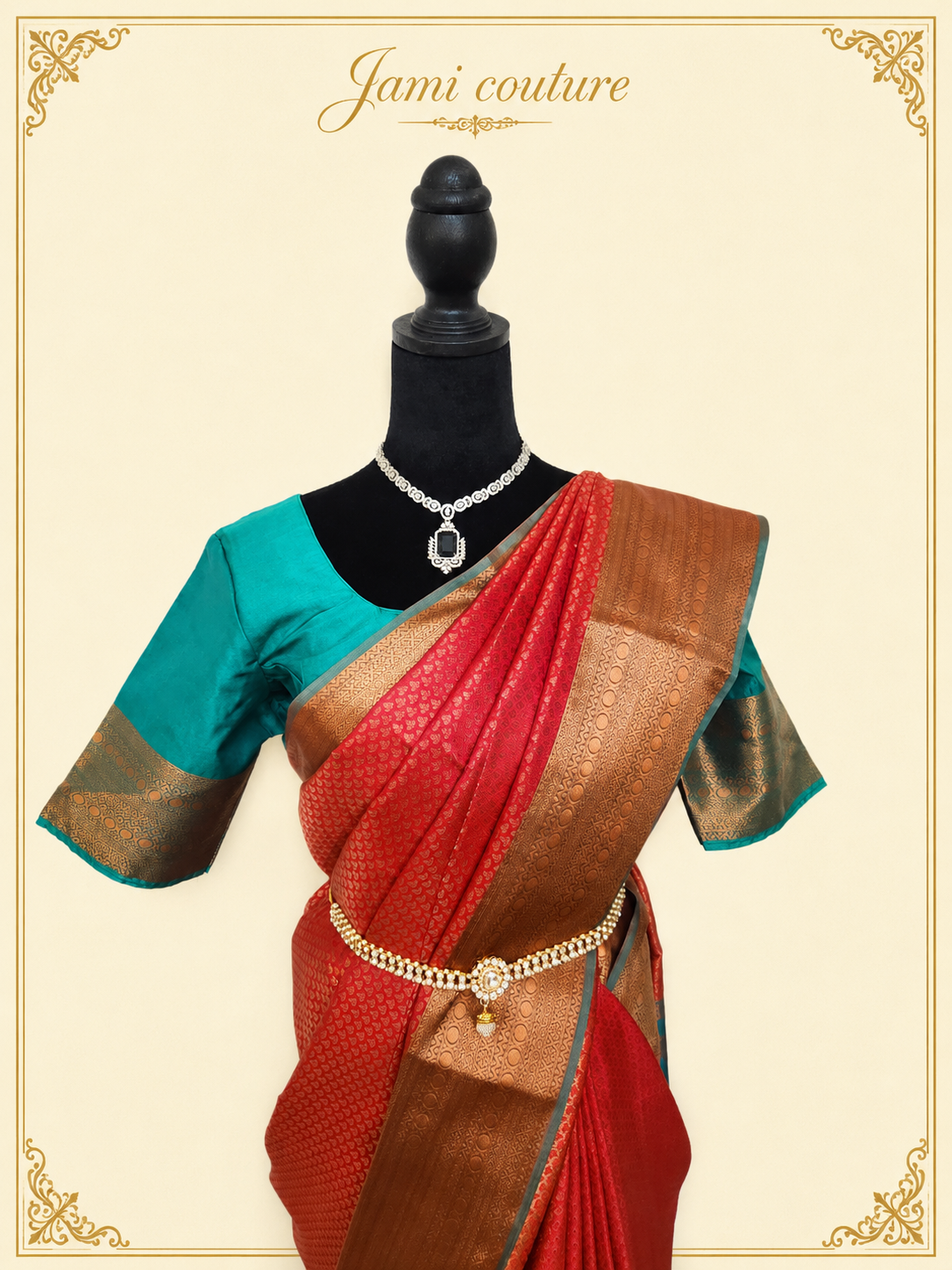 Stunning Red & Teal Dual Tone Handloom Silk Saree  with stitched matching blouse