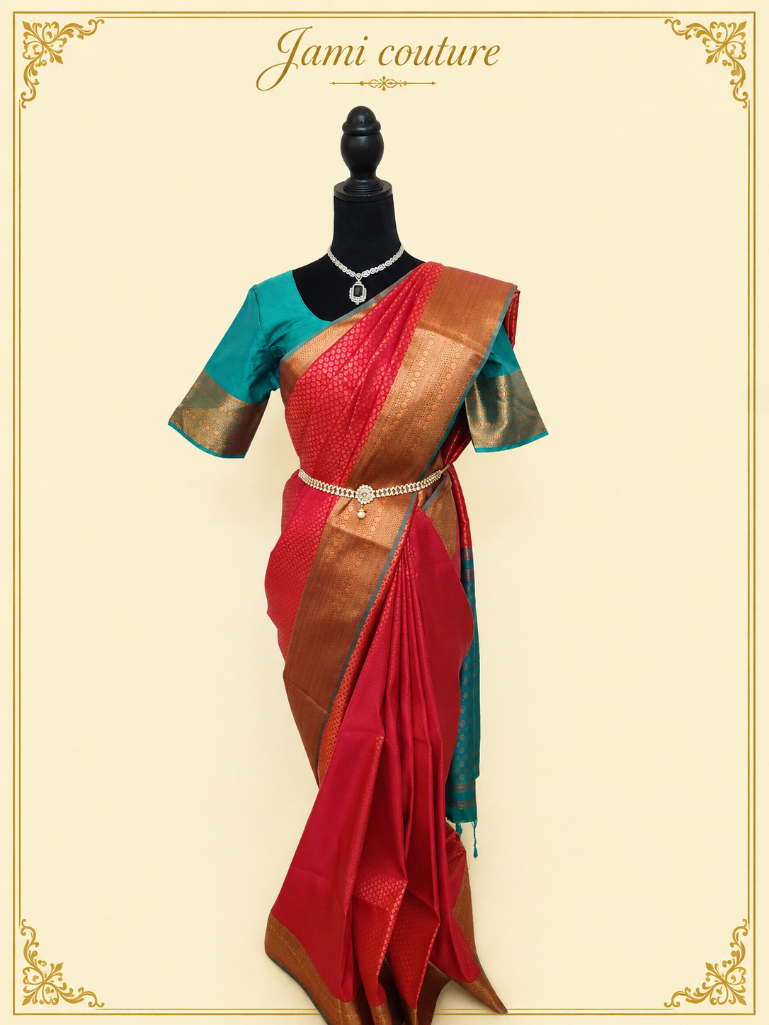 Stunning Red & Teal Dual Tone Handloom Silk Saree  with stitched matching blouse
