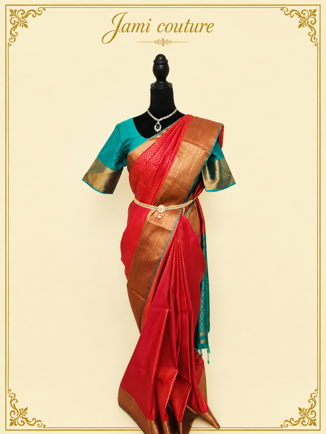 Stunning Red & Teal Dual Tone Handloom Silk Saree  with stitched matching blouse