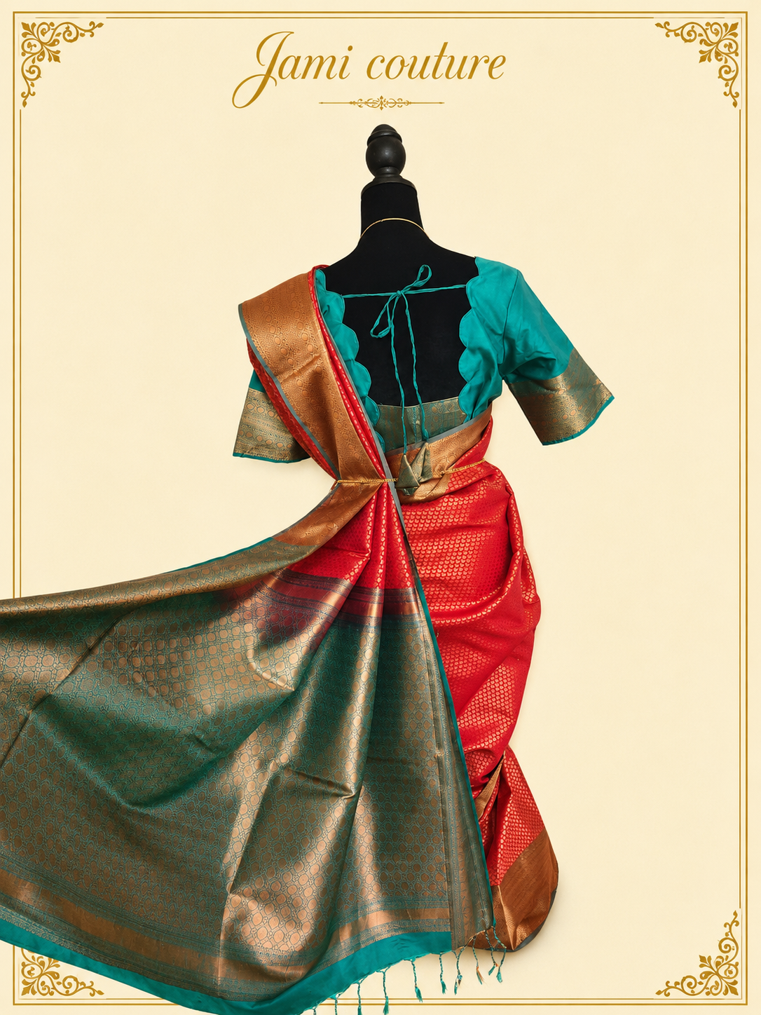 Stunning Red & Teal Dual Tone Handloom Silk Saree  with stitched matching blouse