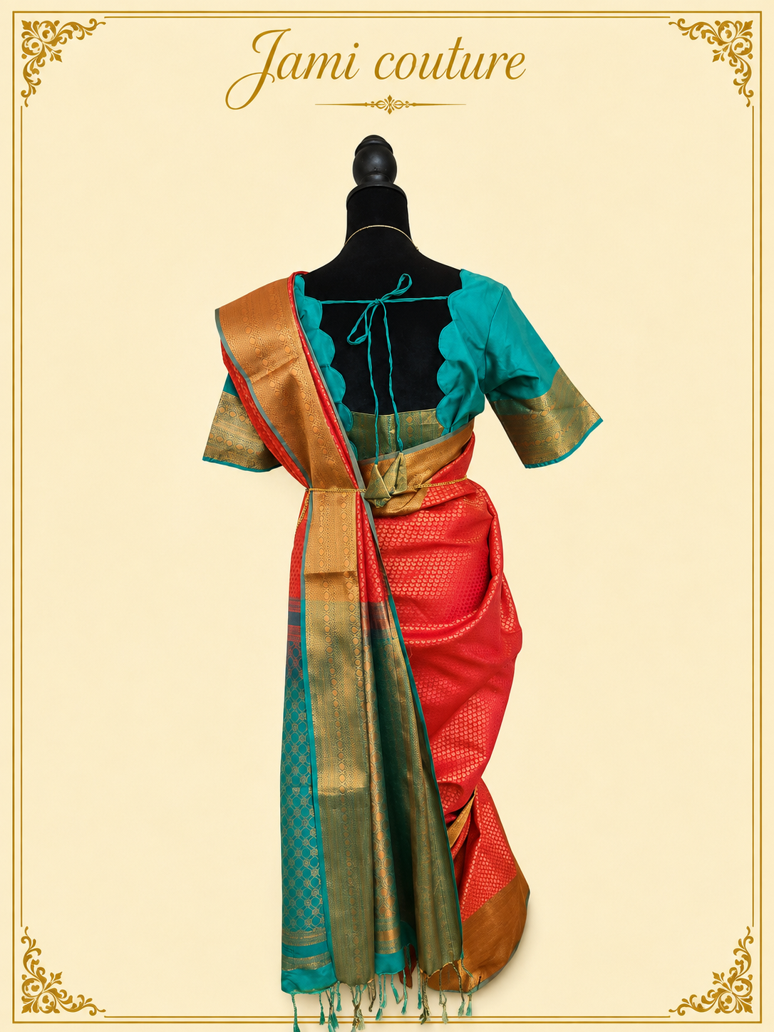 Stunning Red & Teal Dual Tone Handloom Silk Saree  with stitched matching blouse