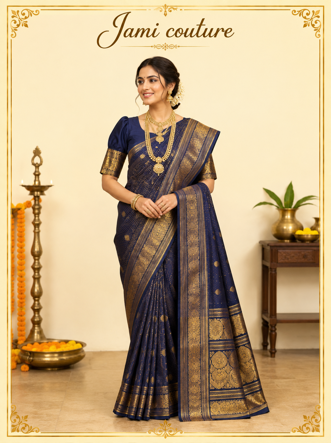 Navy Blue Banarasi Soft Silk Saree with Gold Zari Peacock Border | Matching Stitched Blouse