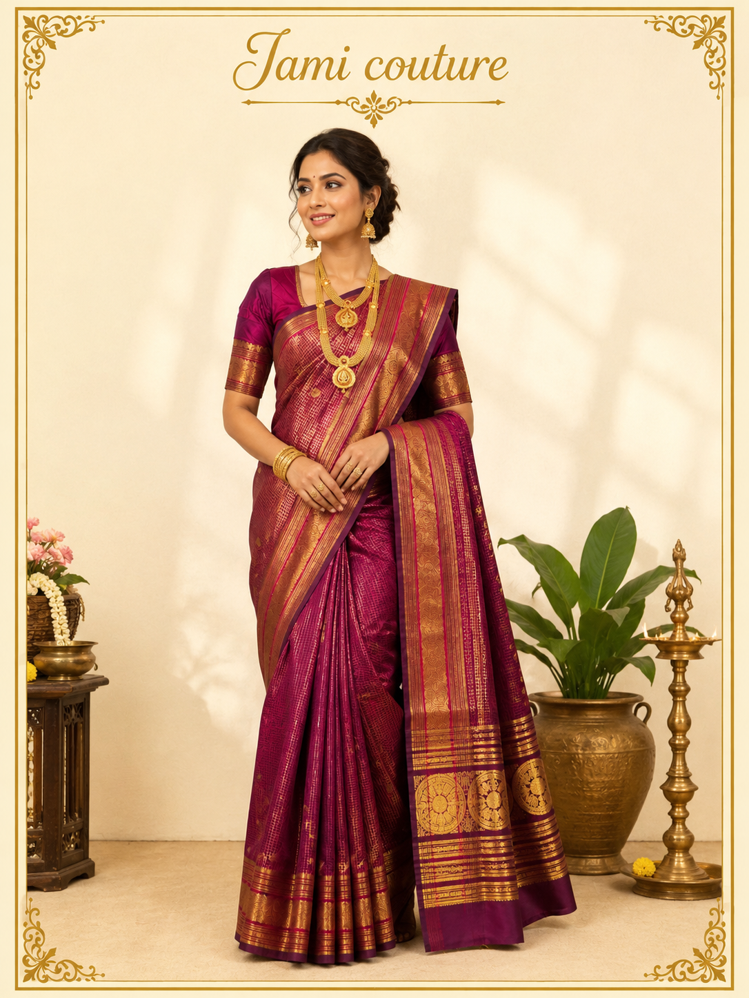 Wine Maroon Banarasi Soft Silk Saree with Gold Zari Peacock Border | Matching Stitched Blouse