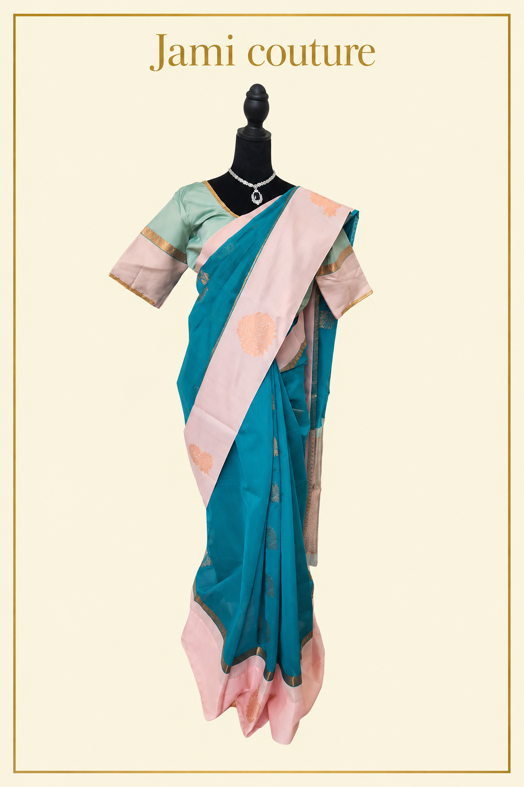 Teal Premium Silk Cotton Saree with Woven Motif Buttas | Peach Zari Border | Contrast Mint Blouse