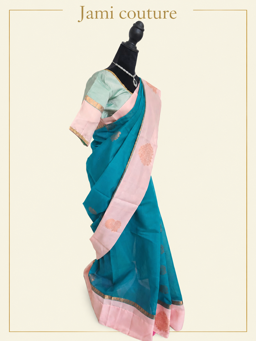 Teal Premium Silk Cotton Saree with Woven Motif Buttas | Peach Zari Border | Contrast Mint Blouse