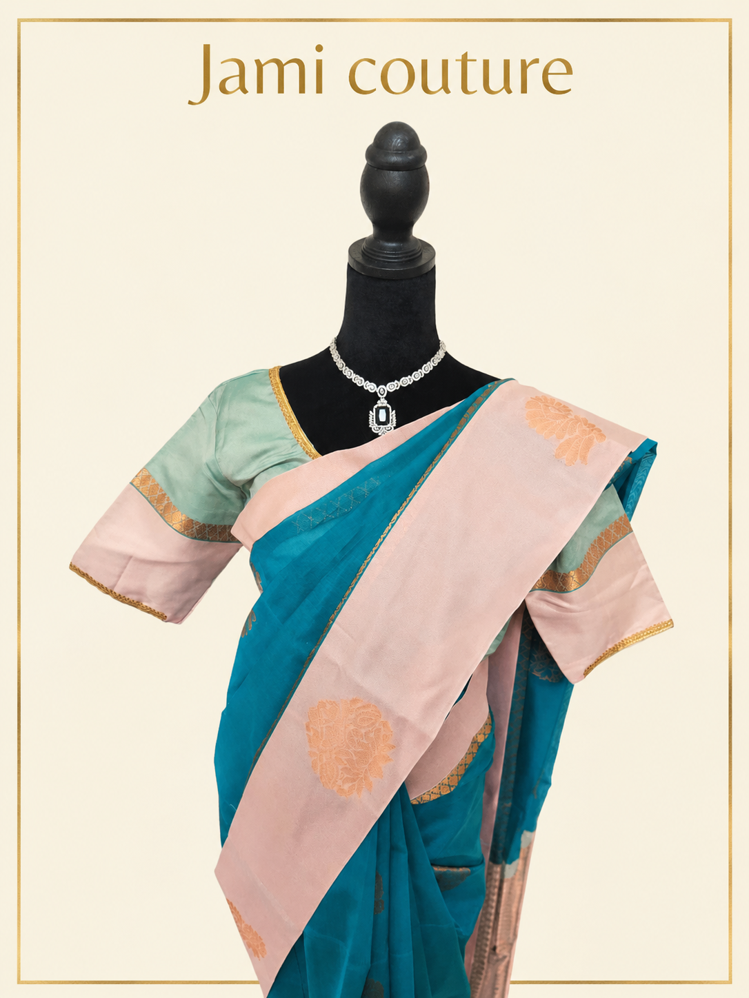 Teal Premium Silk Cotton Saree with Woven Motif Buttas | Peach Zari Border | Contrast Mint Blouse