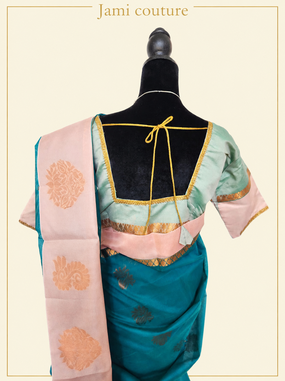 Teal Premium Silk Cotton Saree with Woven Motif Buttas | Peach Zari Border | Contrast Mint Blouse