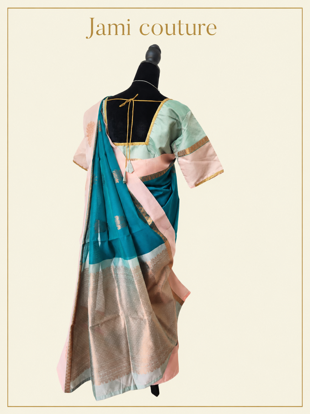 Teal Premium Silk Cotton Saree with Woven Motif Buttas | Peach Zari Border | Contrast Mint Blouse