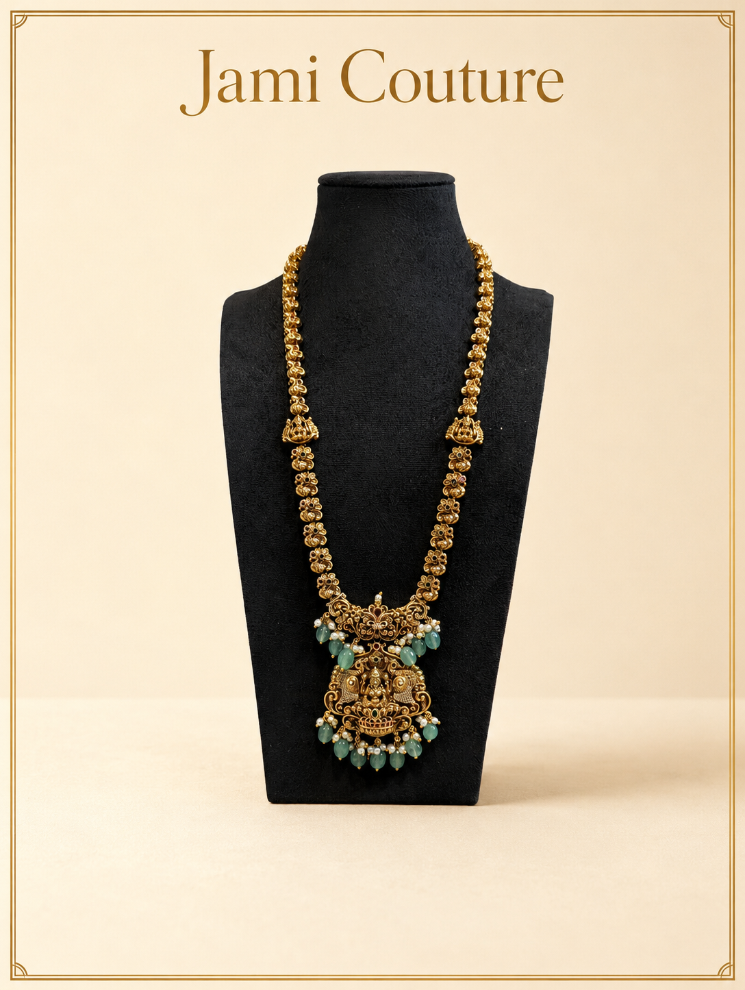 Antique Gold Lakshmi Temple Long Haram Set with Emerald Drops & Matching Jhumkas | Traditional Temple Jewelry
