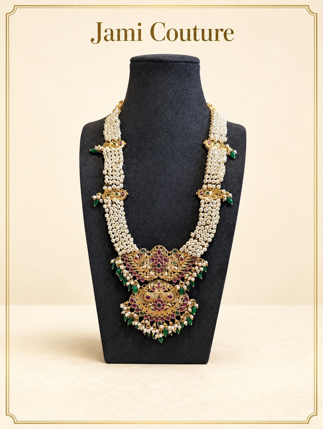 Antique Gold Pearl Temple Long Haram Set with Ruby, Emerald & Green Bead Drops & Matching Jhumkas | Traditional Temple Jewelry