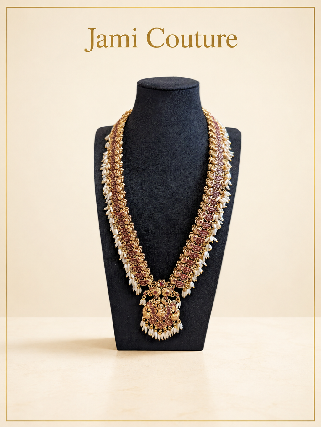 Antique Gold Lakshmi Ruby Temple Long Haram Set with Pearl Drops & Matching Earrings | Traditional Temple Jewelry