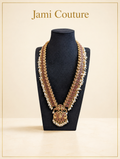 Antique Gold Lakshmi Ruby Temple Long Haram Set with Pearl Drops & Matching Earrings | Traditional Temple Jewelry