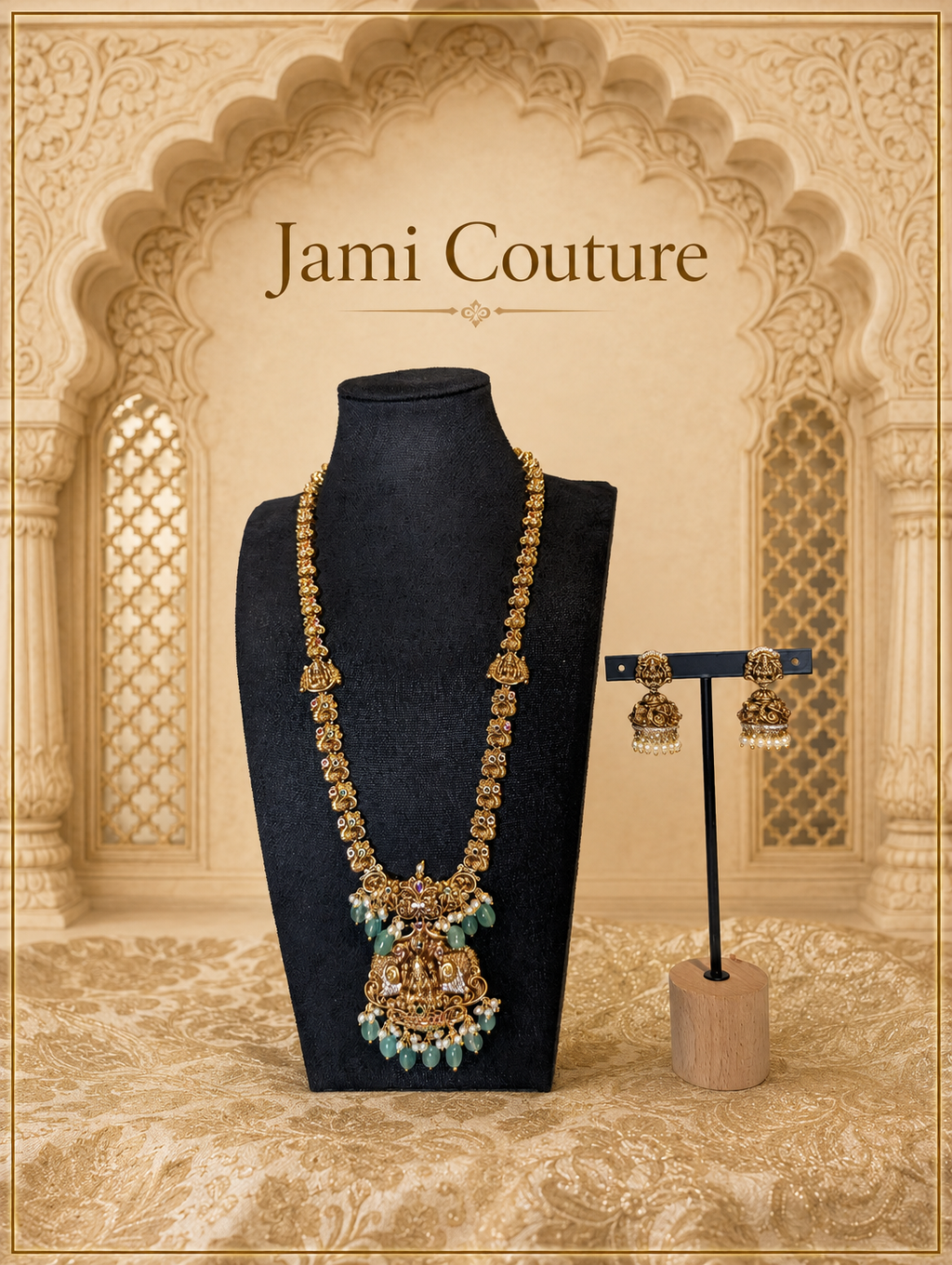 Antique Gold Lakshmi Temple Long Haram Set with Emerald Drops & Matching Jhumkas | Traditional Temple Jewelry
